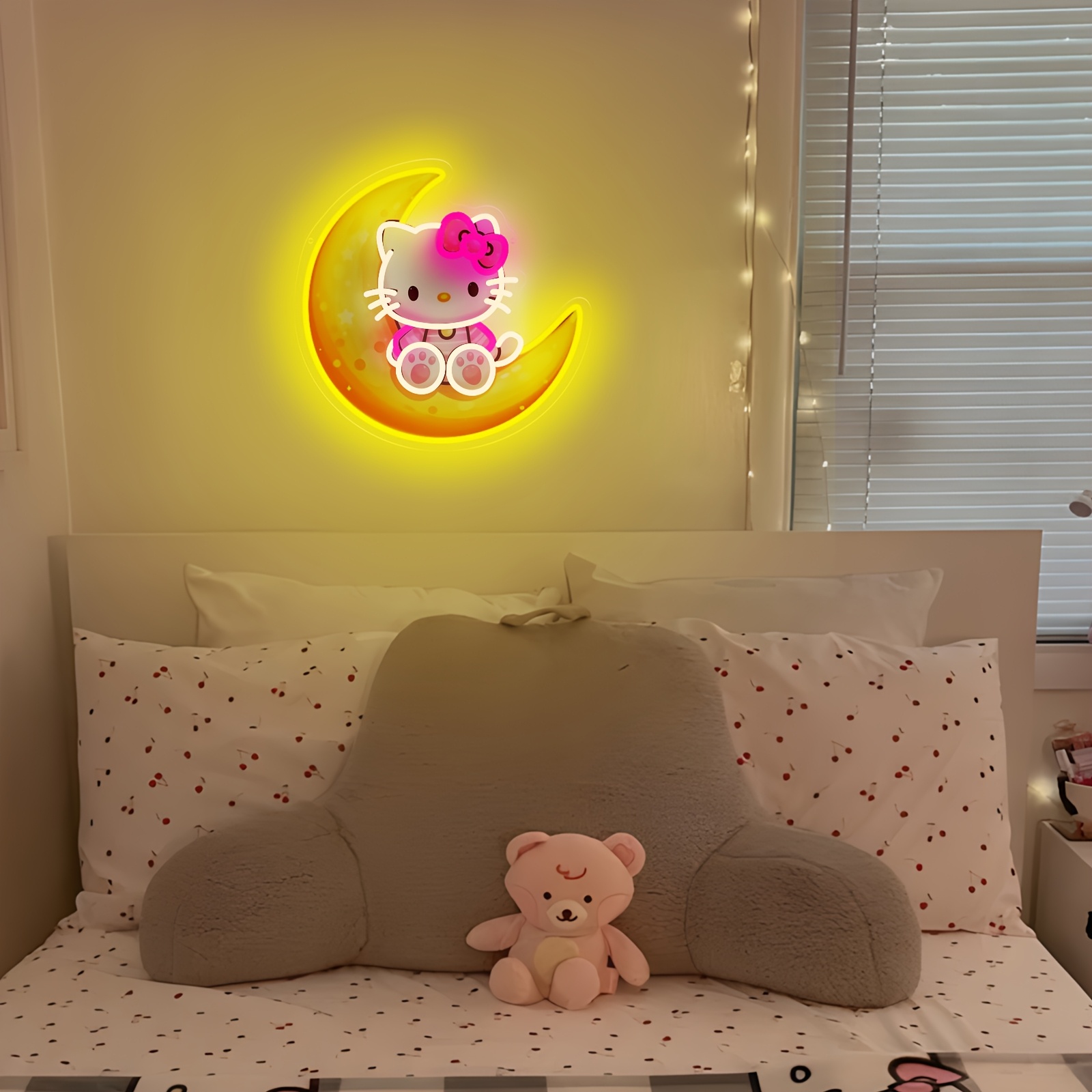 달 위의 헬로 키티 노란색 귀여운 네온 라이트 USB  - Lighting Room Decor Items 리뷰 및 가격