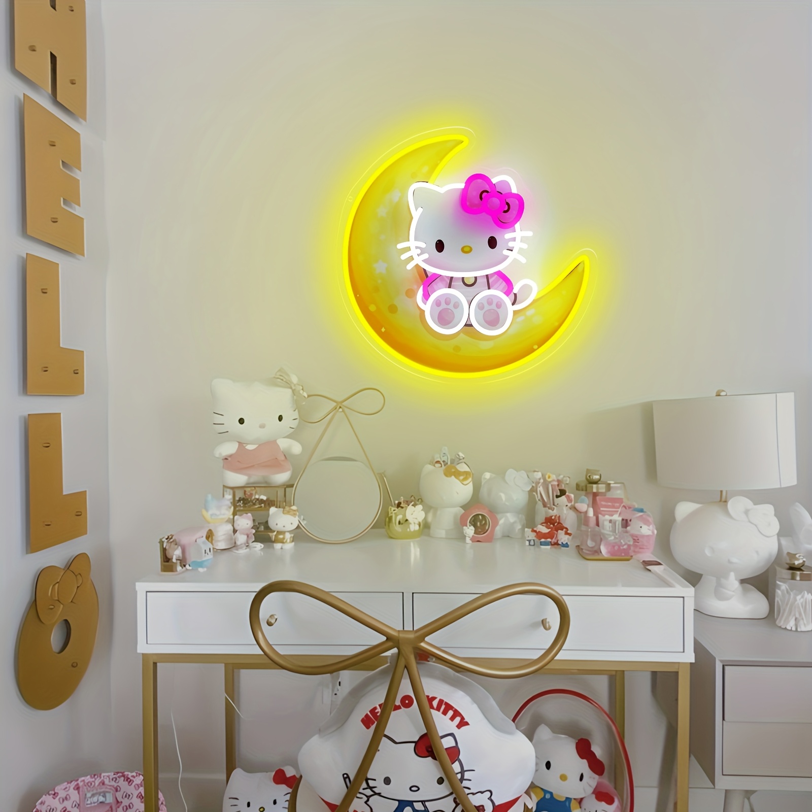 달 위의 헬로 키티 노란색 귀여운 네온 라이트 USB  - Lighting Room Decor Items 리뷰 및 가격